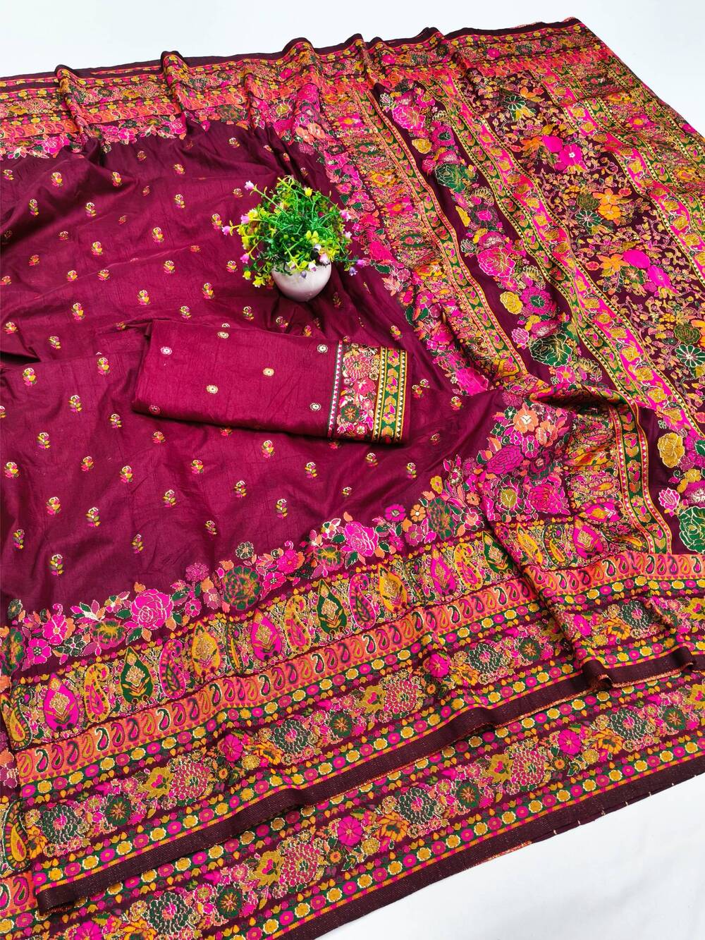 Charismatic Wine Nylon Dola Pashmina Saree With Incredible Blouse Piece