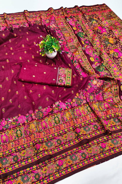 Load image into Gallery viewer, Charismatic Wine Nylon Dola Pashmina Saree With Incredible Blouse Piece
