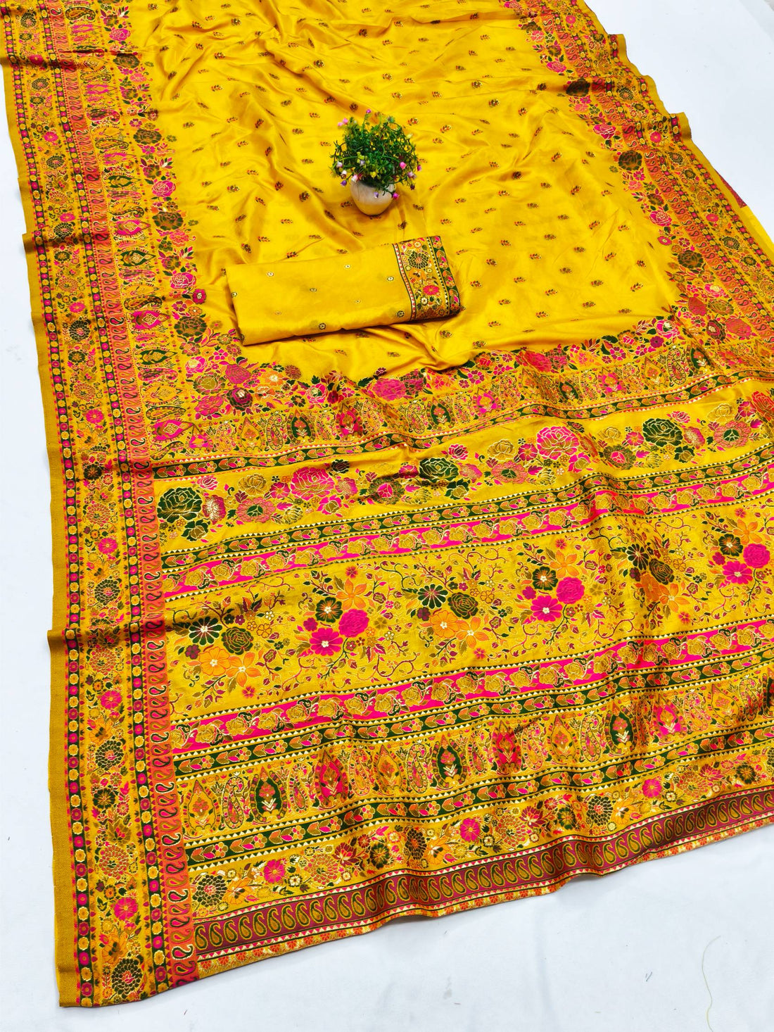 Grandiose Yellow Nylon Dola Pashmina Saree With Eclat Blouse Piece
