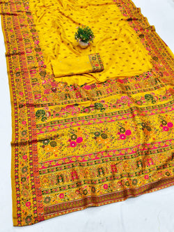 Grandiose Yellow Nylon Dola Pashmina Saree With Eclat Blouse Piece