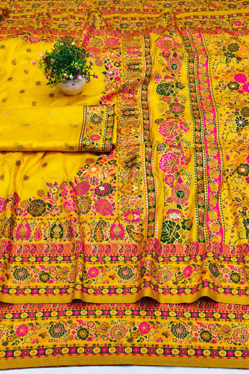 Load image into Gallery viewer, Grandiose Yellow Nylon Dola Pashmina Saree With Eclat Blouse Piece
