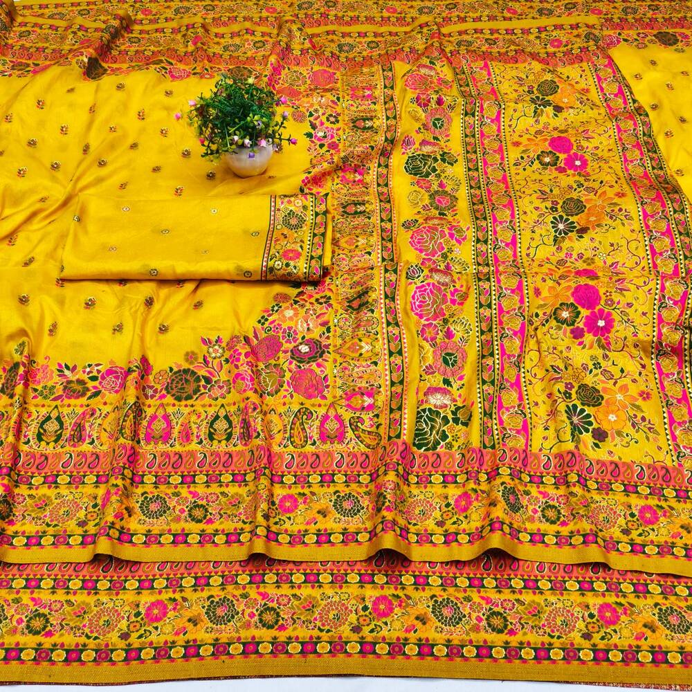Grandiose Yellow Nylon Dola Pashmina Saree With Eclat Blouse Piece