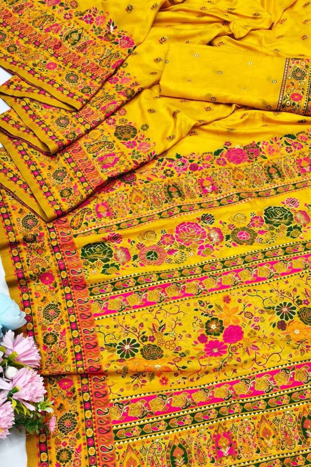 Grandiose Yellow Nylon Dola Pashmina Saree With Eclat Blouse Piece