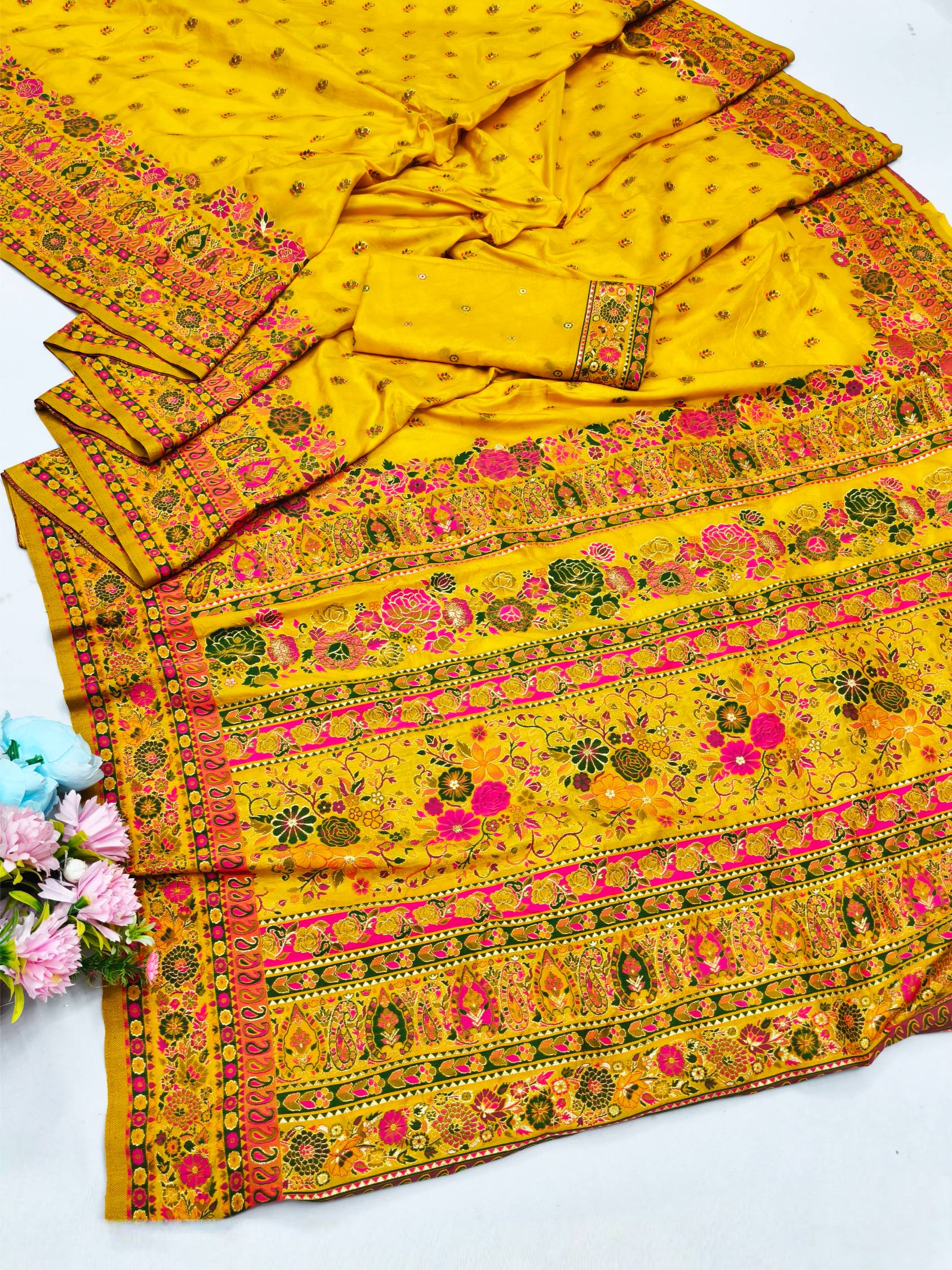 Grandiose Yellow Nylon Dola Pashmina Saree With Eclat Blouse Piece