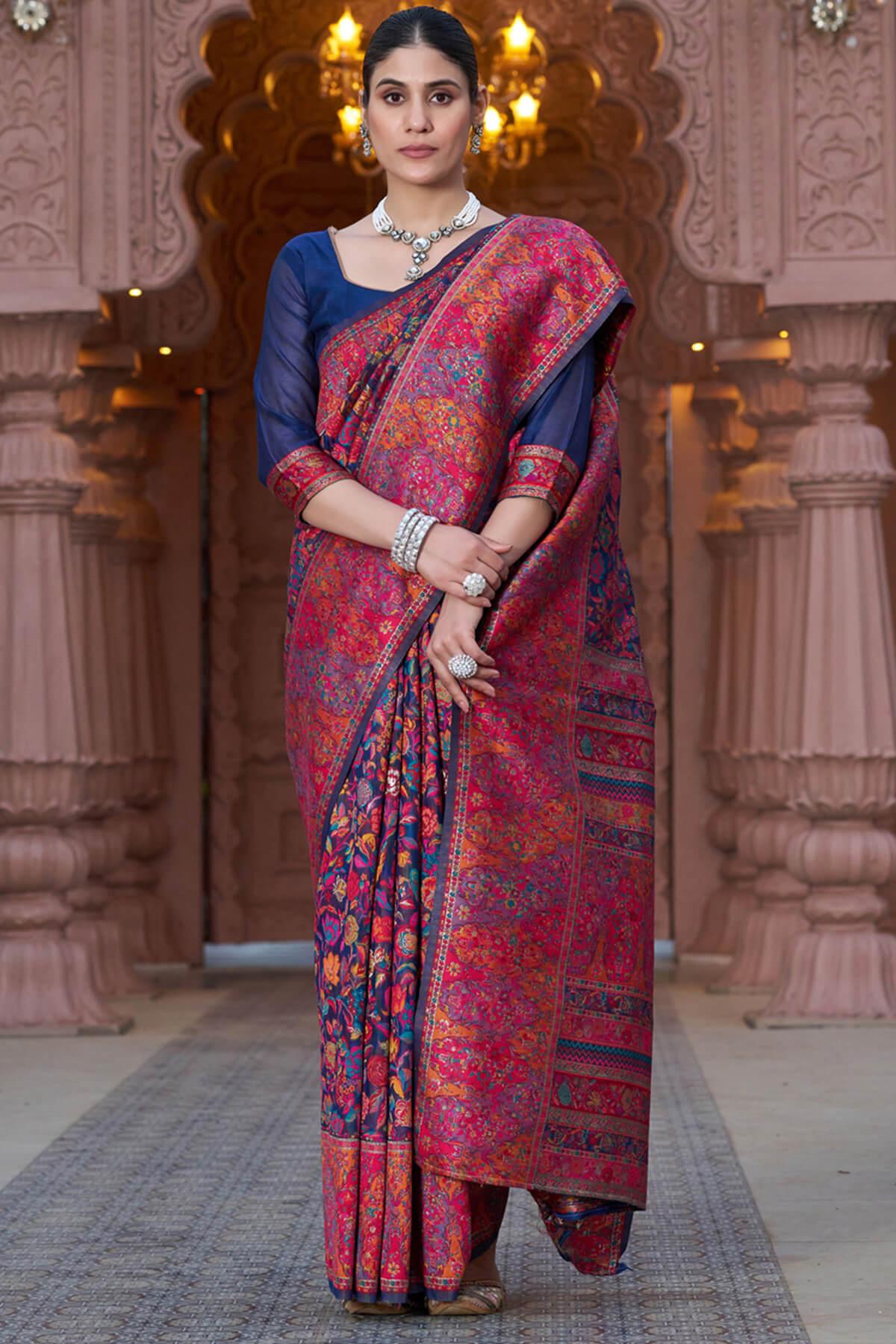 Resplendent Navy Blue Pashmina Saree With Exquisite Blouse Piece