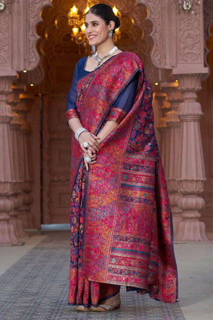 Resplendent Navy Blue Pashmina Saree With Exquisite Blouse Piece