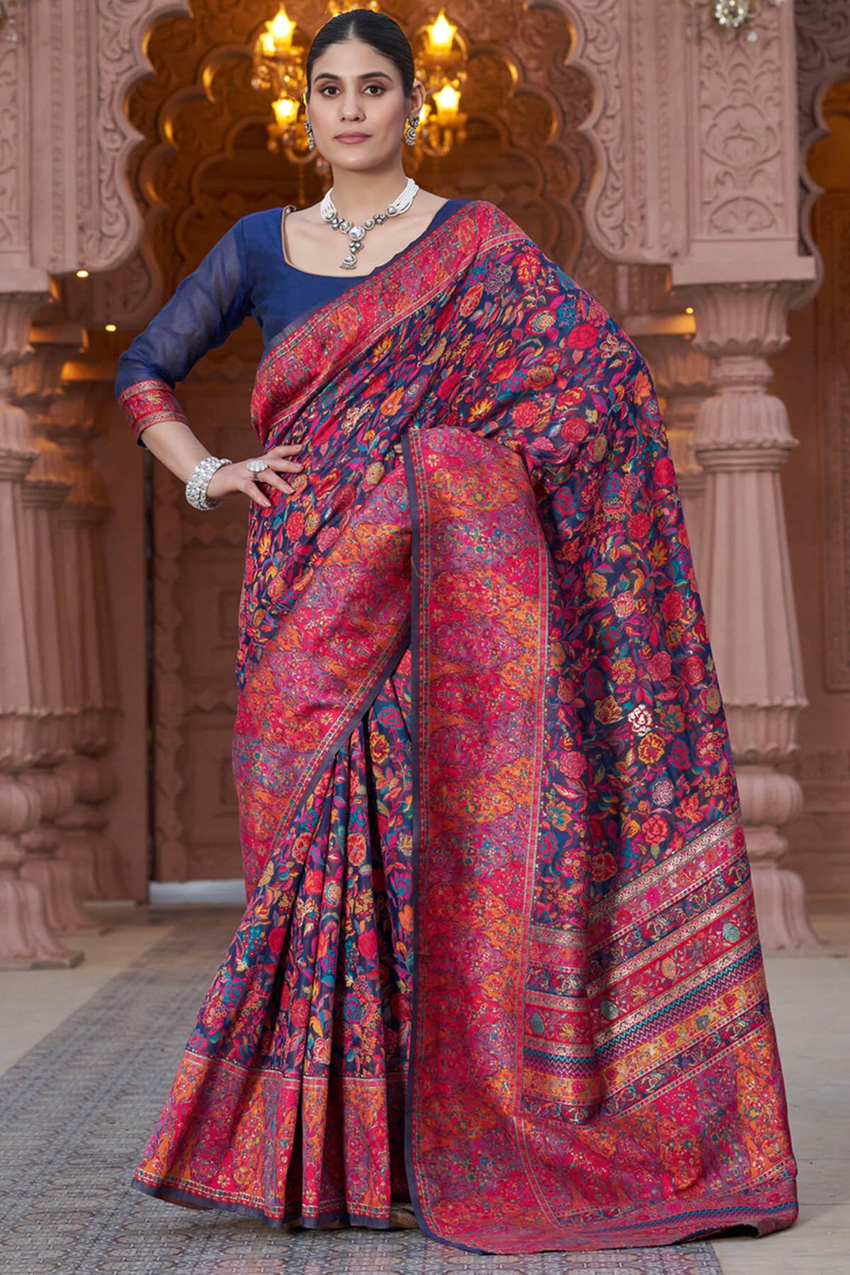 Resplendent Navy Blue Pashmina Saree With Exquisite Blouse Piece