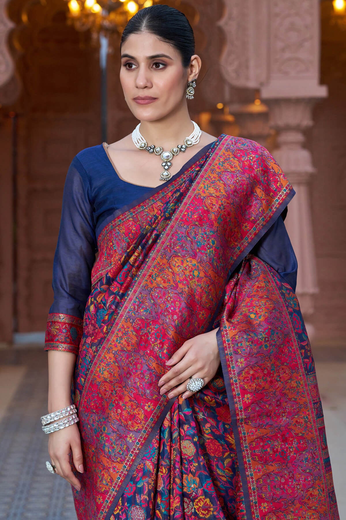 Resplendent Navy Blue Pashmina Saree With Exquisite Blouse Piece