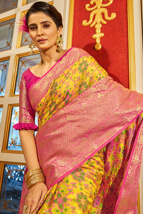 Load image into Gallery viewer, Fugacious Yellow Patola Silk Saree with Dalliance Blouse Piece
