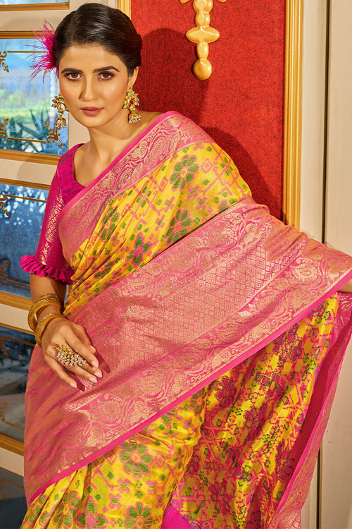 Load image into Gallery viewer, Fugacious Yellow Patola Silk Saree with Dalliance Blouse Piece
