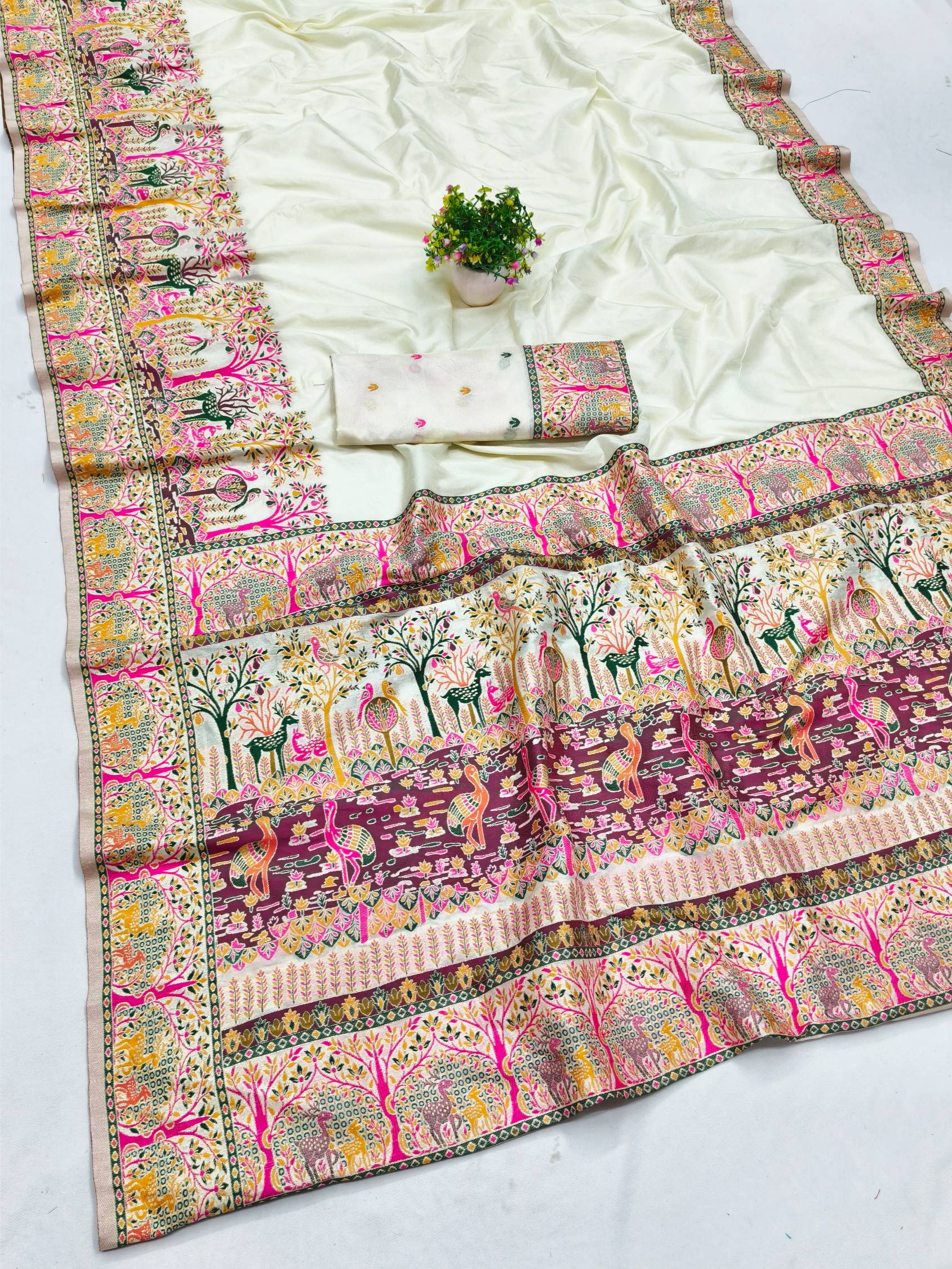 Nebula Beige Nylon Dola Pashmina Saree With Tremendous Blouse Piece