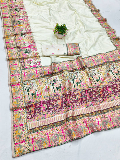 Nebula Beige Nylon Dola Pashmina Saree With Tremendous Blouse Piece