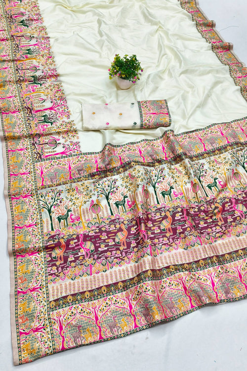 Load image into Gallery viewer, Nebula Beige Nylon Dola Pashmina Saree With Tremendous Blouse Piece
