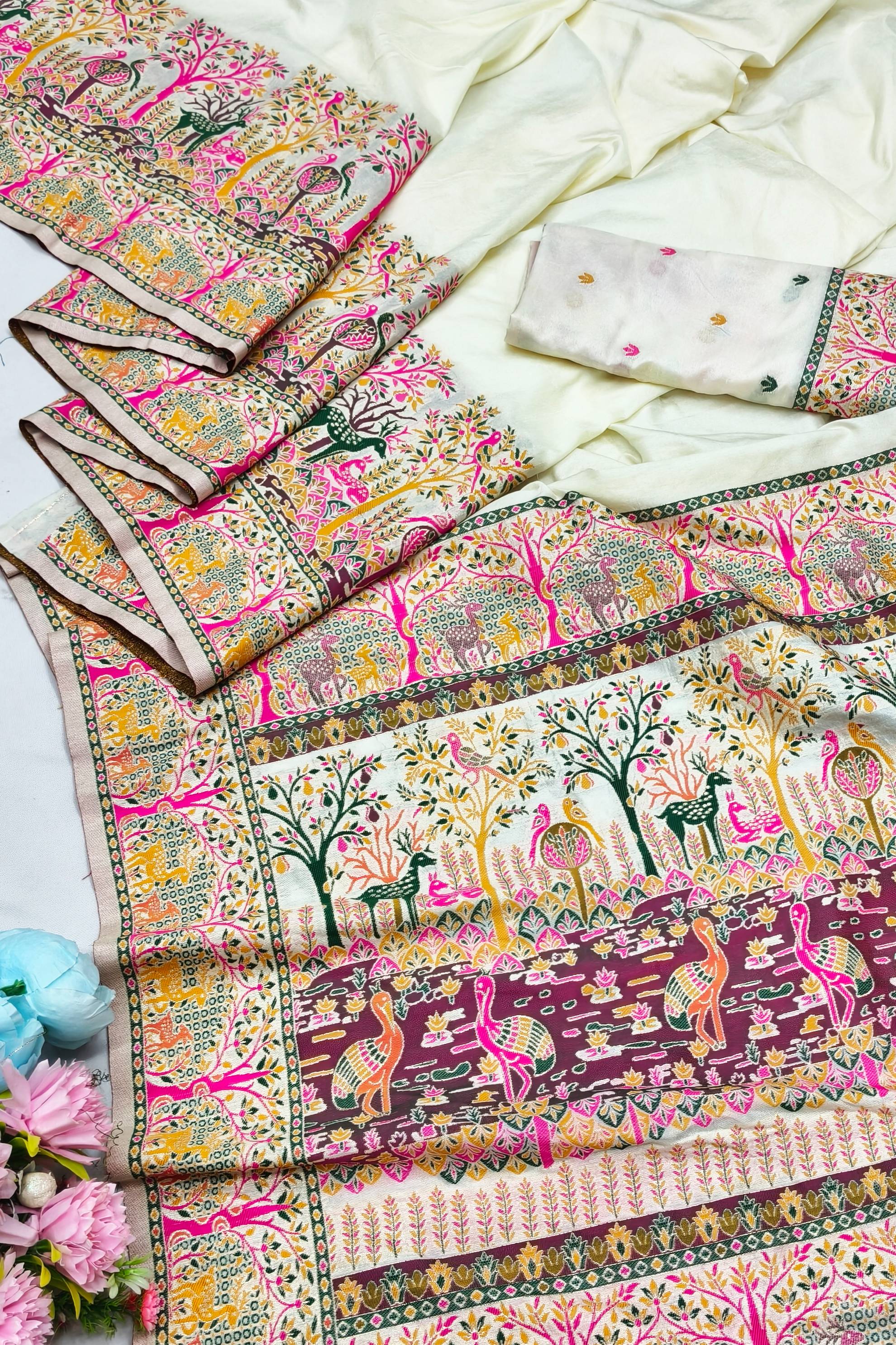 Nebula Beige Nylon Dola Pashmina Saree With Tremendous Blouse Piece