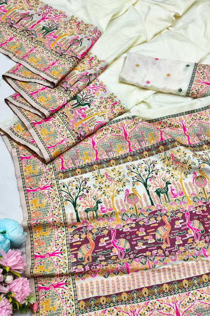 Nebula Beige Nylon Dola Pashmina Saree With Tremendous Blouse Piece