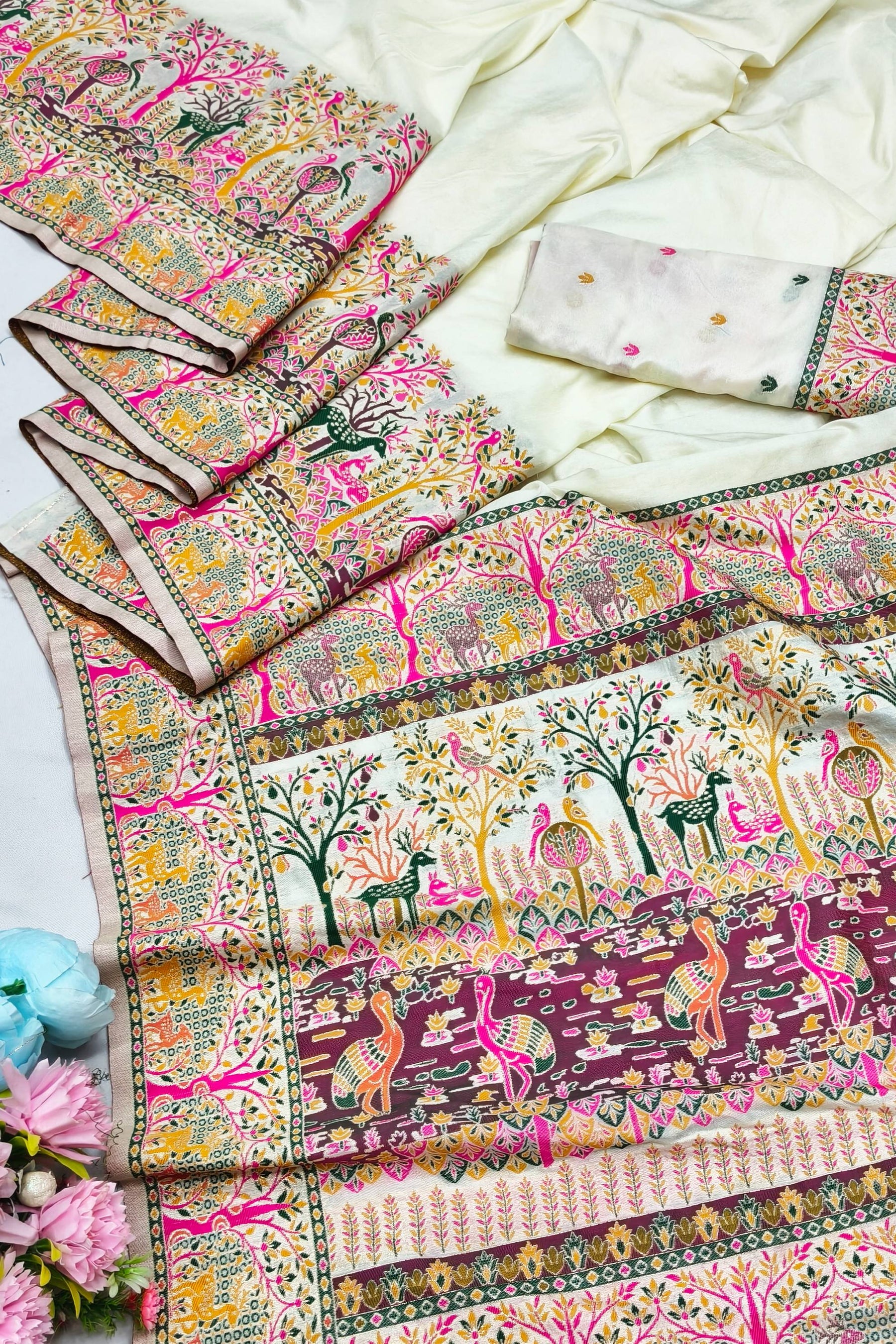 Nebula Beige Nylon Dola Pashmina Saree With Tremendous Blouse Piece