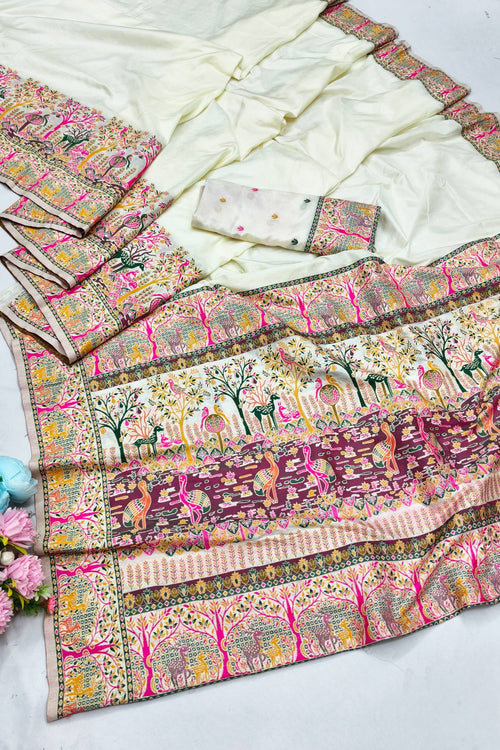 Load image into Gallery viewer, Nebula Beige Nylon Dola Pashmina Saree With Tremendous Blouse Piece
