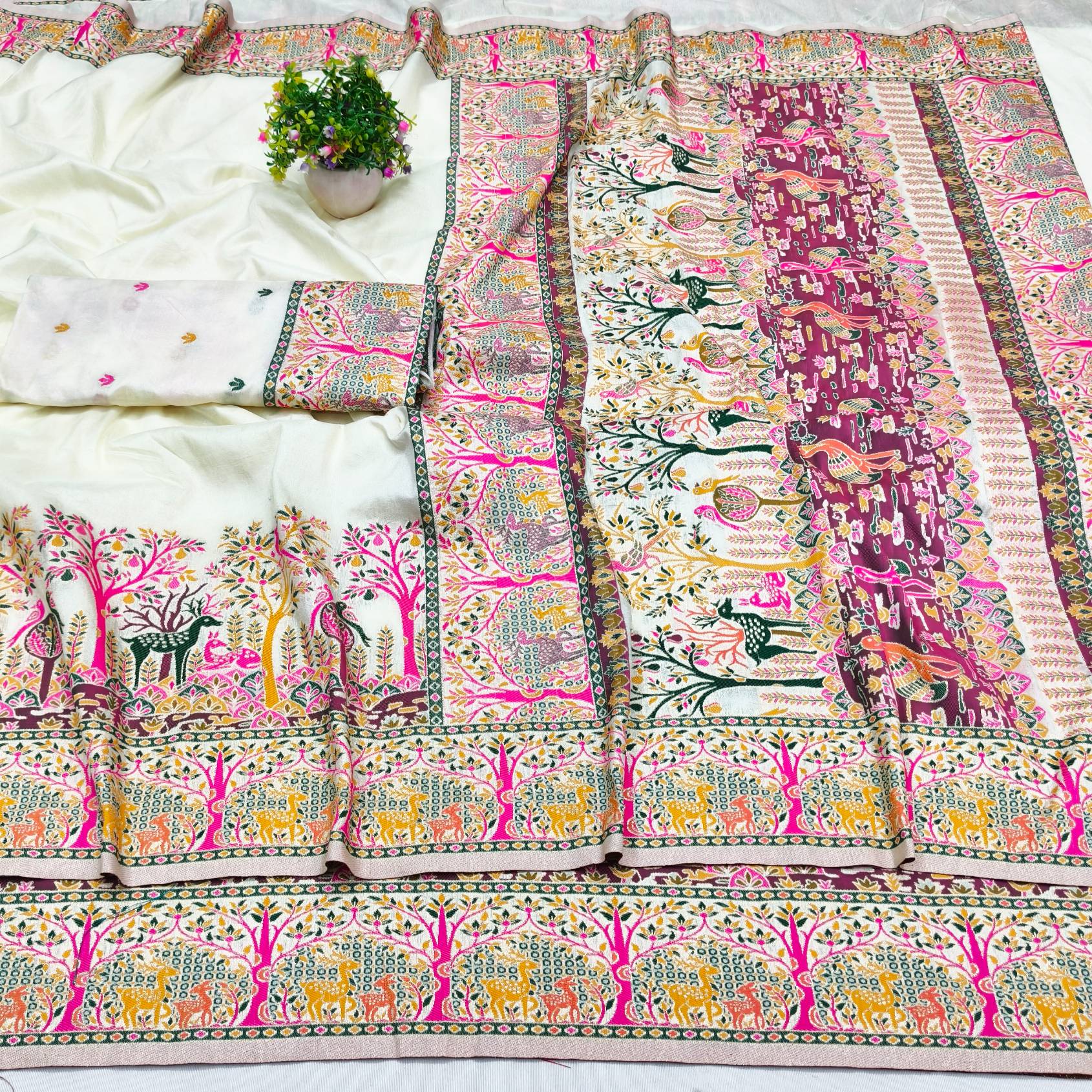 Nebula Beige Nylon Dola Pashmina Saree With Tremendous Blouse Piece