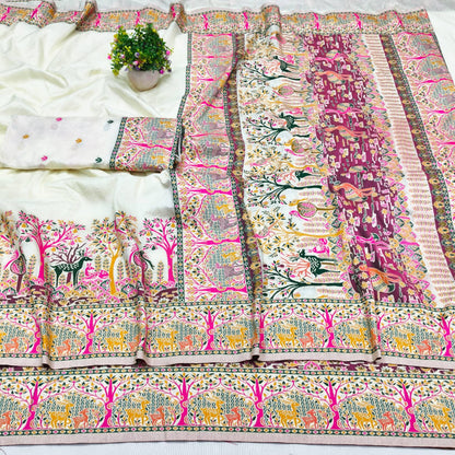 Nebula Beige Nylon Dola Pashmina Saree With Tremendous Blouse Piece