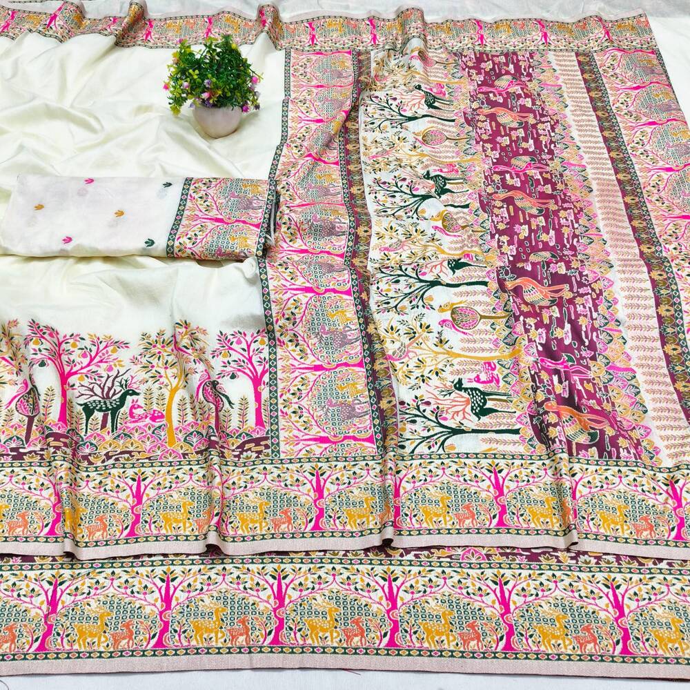 Nebula Beige Nylon Dola Pashmina Saree With Tremendous Blouse Piece