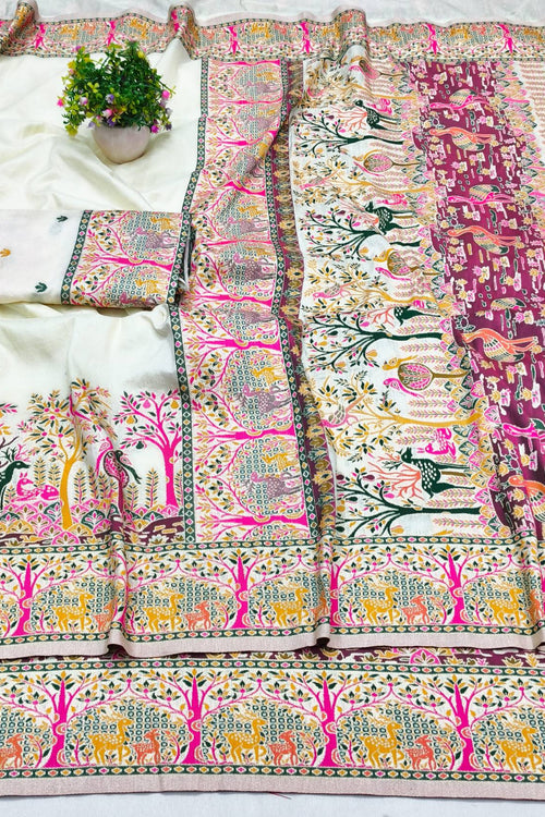 Load image into Gallery viewer, Nebula Beige Nylon Dola Pashmina Saree With Tremendous Blouse Piece
