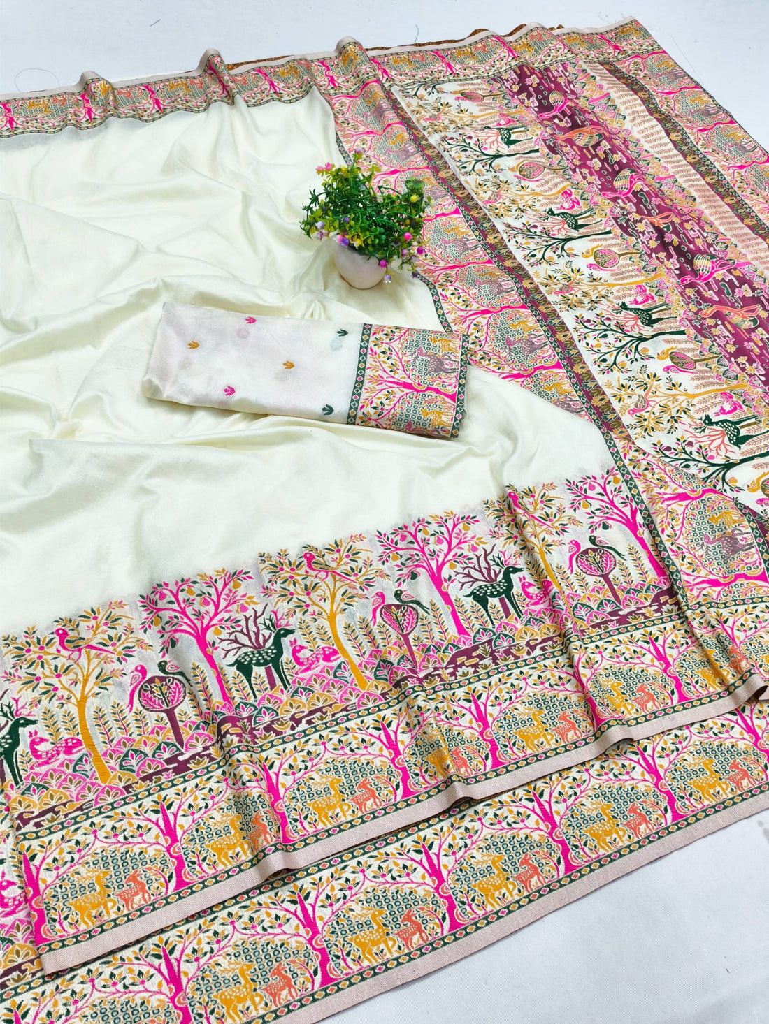 Nebula Beige Nylon Dola Pashmina Saree With Tremendous Blouse Piece