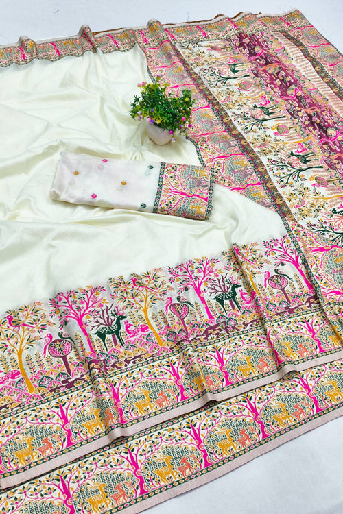 Load image into Gallery viewer, Nebula Beige Nylon Dola Pashmina Saree With Tremendous Blouse Piece
