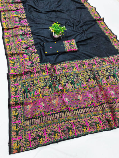 Divine Black Nylon Dola Pashmina Saree With Glowing Blouse Piece