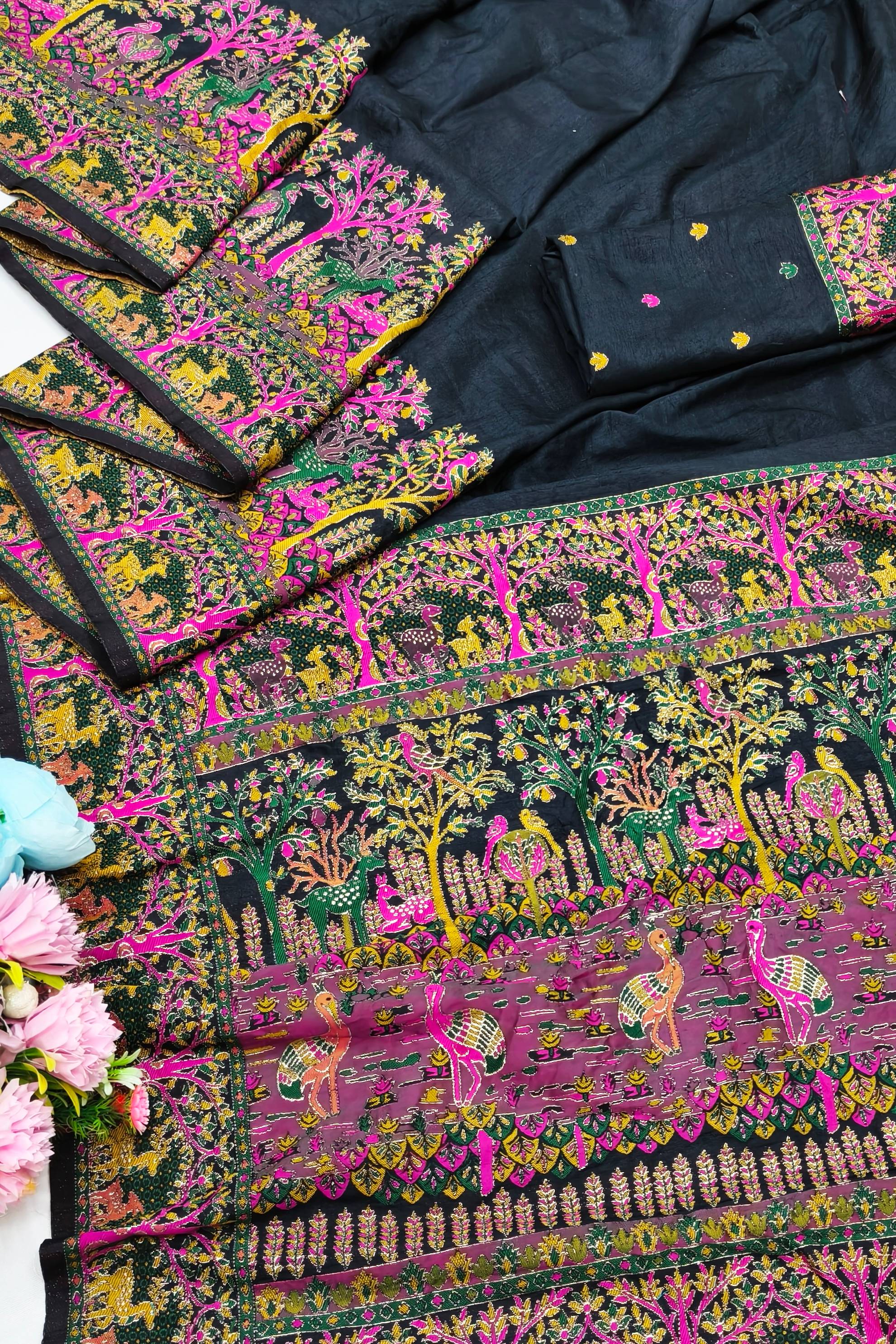 Divine Black Nylon Dola Pashmina Saree With Glowing Blouse Piece