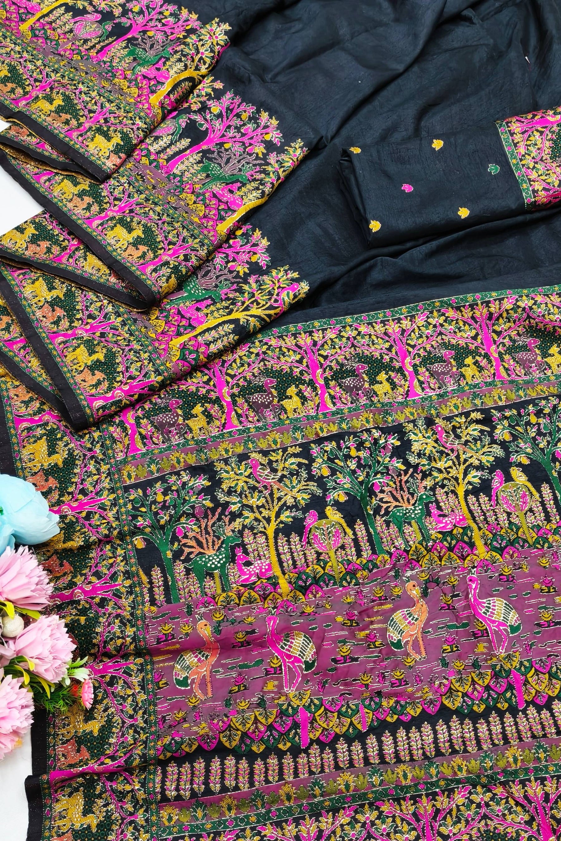 Divine Black Nylon Dola Pashmina Saree With Glowing Blouse Piece