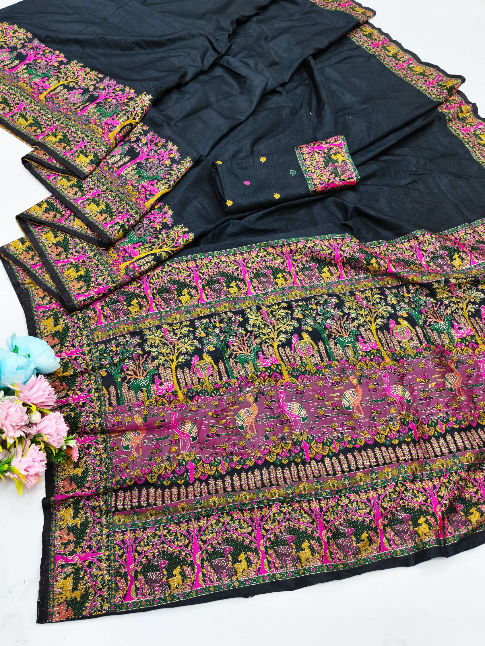 Divine Black Nylon Dola Pashmina Saree With Glowing Blouse Piece