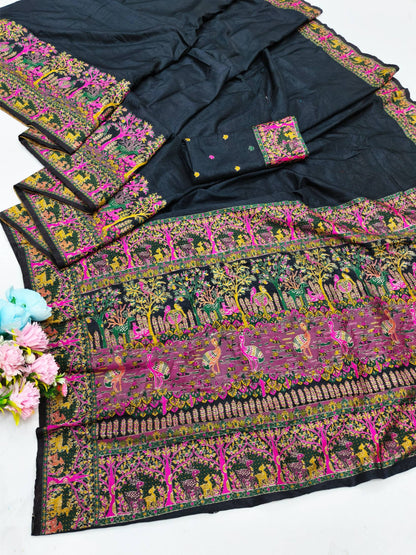 Divine Black Nylon Dola Pashmina Saree With Glowing Blouse Piece