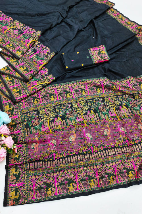 Load image into Gallery viewer, Divine Black Nylon Dola Pashmina Saree With Glowing Blouse Piece
