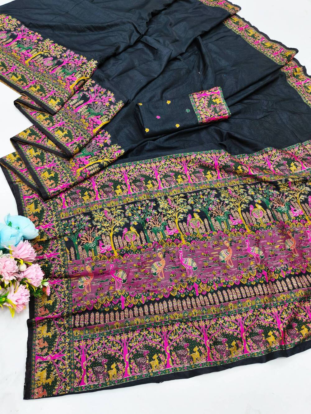 Divine Black Nylon Dola Pashmina Saree With Glowing Blouse Piece