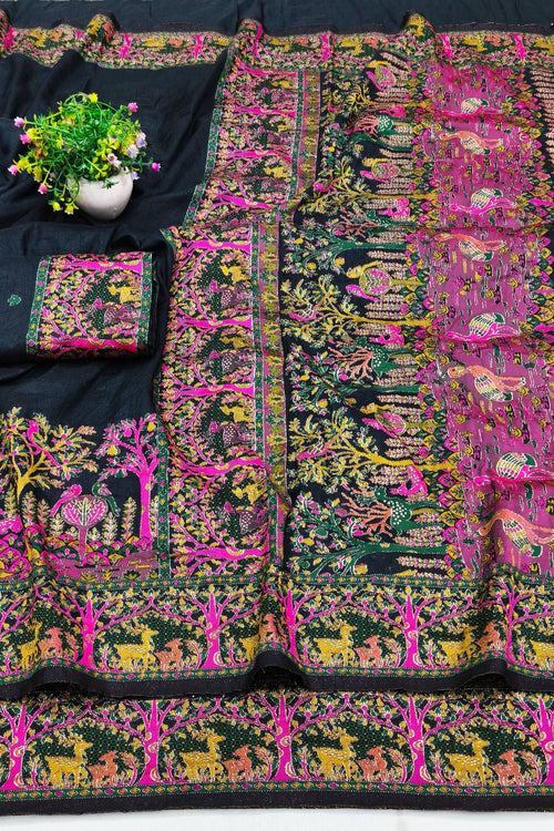 Load image into Gallery viewer, Divine Black Nylon Dola Pashmina Saree With Glowing Blouse Piece
