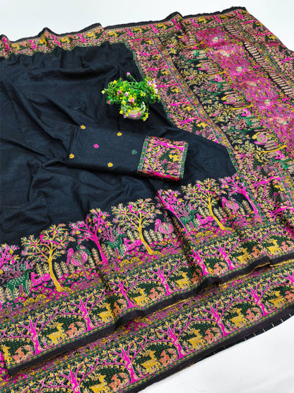 Divine Black Nylon Dola Pashmina Saree With Glowing Blouse Piece