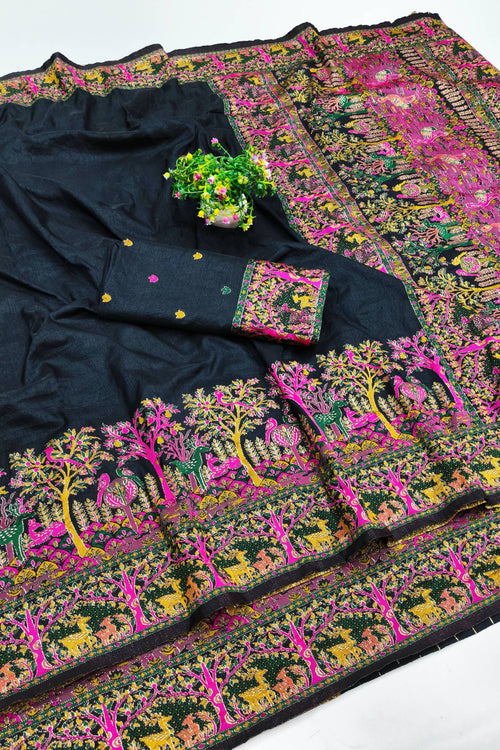 Load image into Gallery viewer, Divine Black Nylon Dola Pashmina Saree With Glowing Blouse Piece
