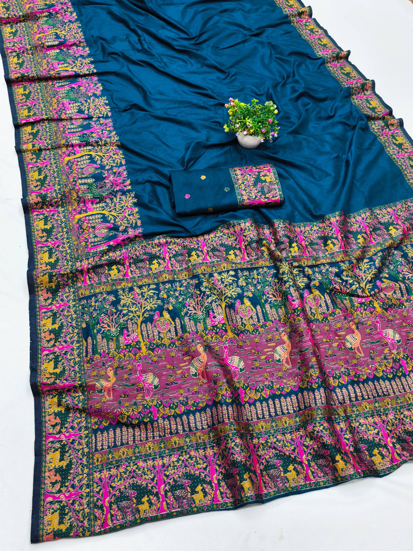 Blissful Blue Nylon Dola Pashmina Saree With Stylish Blouse Piece