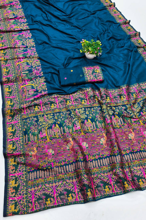 Load image into Gallery viewer, Blissful Blue Nylon Dola Pashmina Saree With Stylish Blouse Piece
