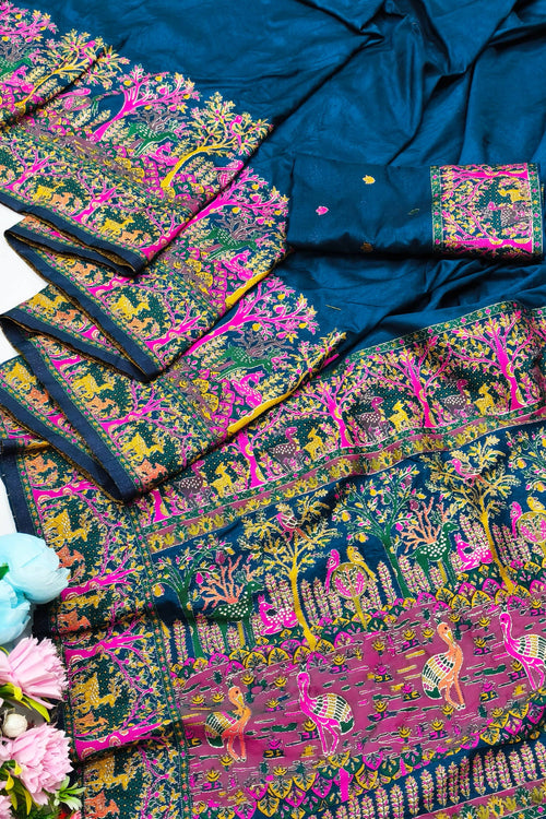 Load image into Gallery viewer, Blissful Blue Nylon Dola Pashmina Saree With Stylish Blouse Piece
