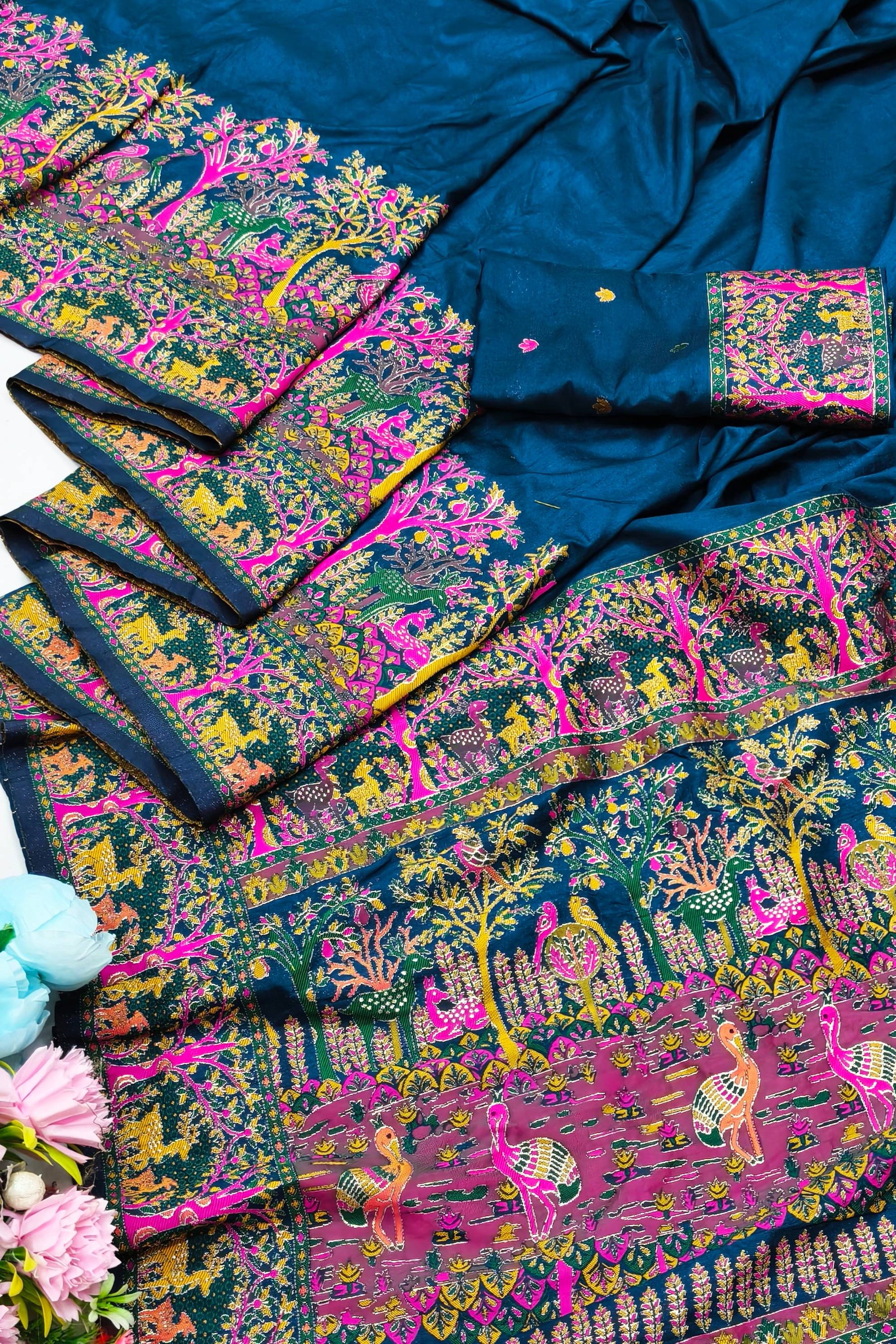 Blissful Blue Nylon Dola Pashmina Saree With Stylish Blouse Piece