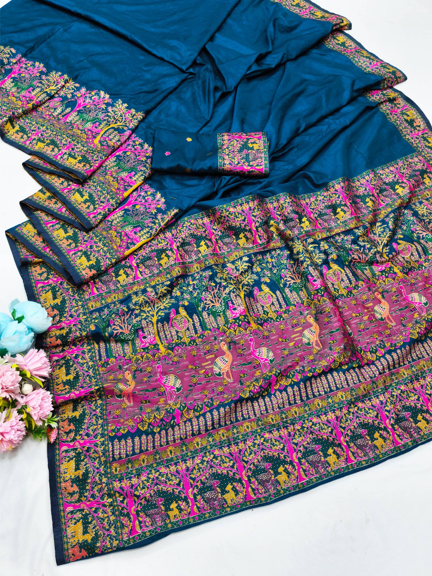 Blissful Blue Nylon Dola Pashmina Saree With Stylish Blouse Piece