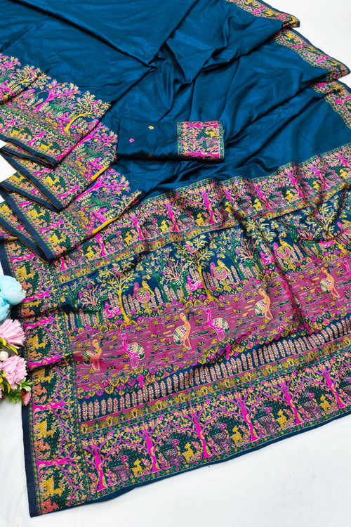 Load image into Gallery viewer, Blissful Blue Nylon Dola Pashmina Saree With Stylish Blouse Piece
