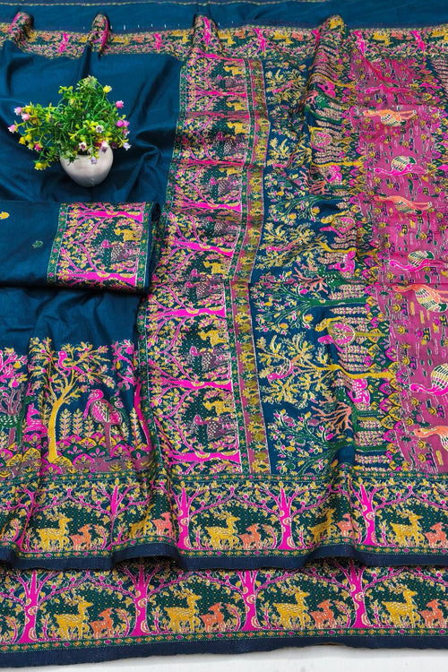 Load image into Gallery viewer, Blissful Blue Nylon Dola Pashmina Saree With Stylish Blouse Piece
