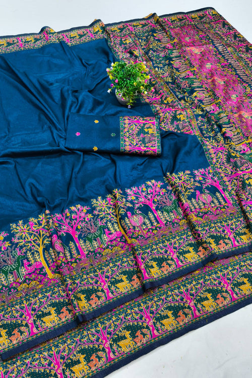 Load image into Gallery viewer, Blissful Blue Nylon Dola Pashmina Saree With Stylish Blouse Piece
