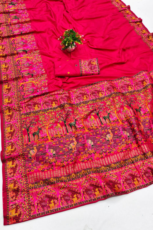 Load image into Gallery viewer, Resonant Dark Pink Nylon Dola Pashmina Saree With Profuse Blouse Piece
