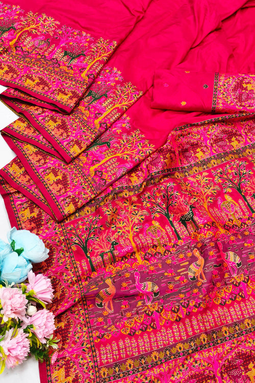 Load image into Gallery viewer, Resonant Dark Pink Nylon Dola Pashmina Saree With Profuse Blouse Piece
