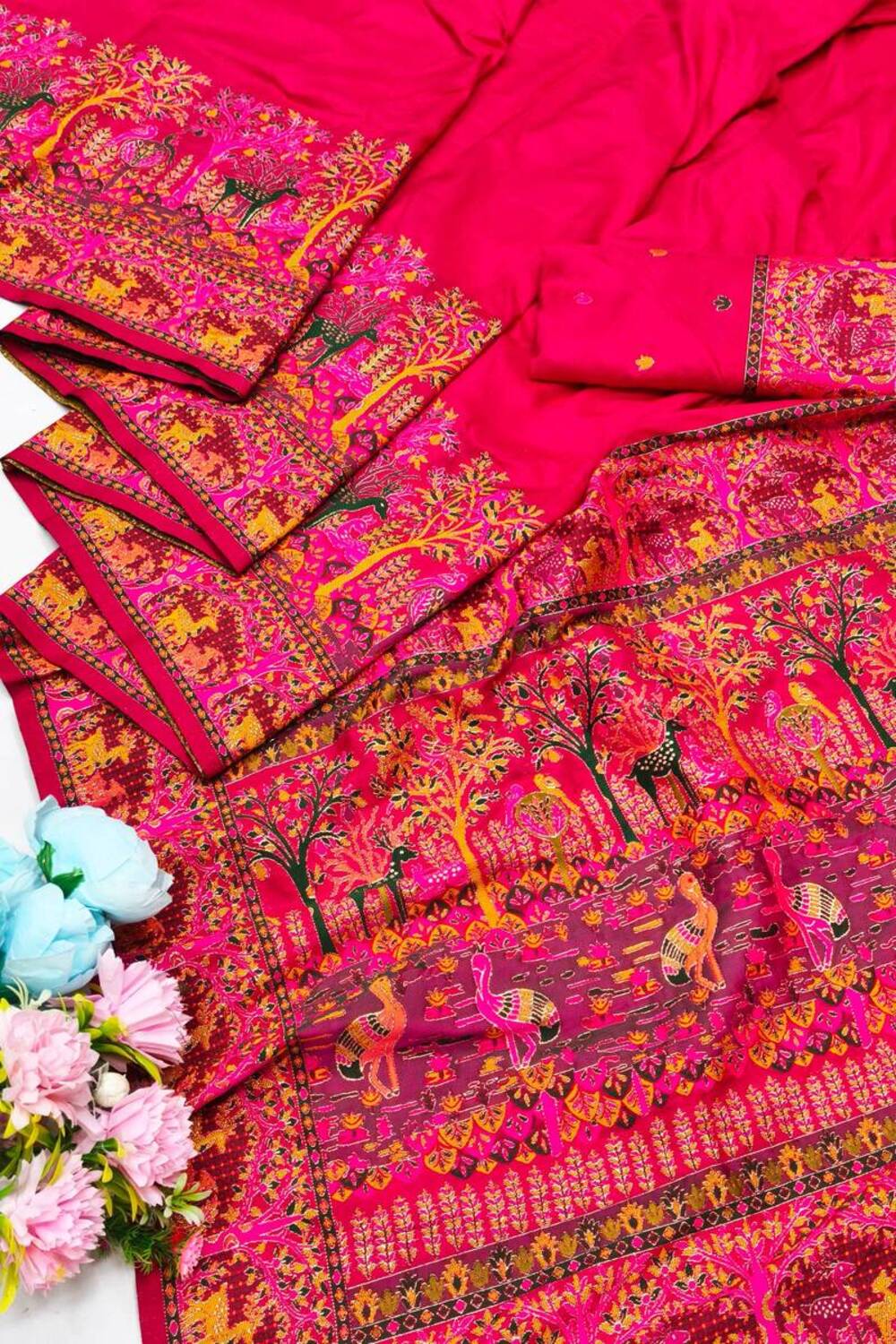 Resonant Dark Pink Nylon Dola Pashmina Saree With Profuse Blouse Piece