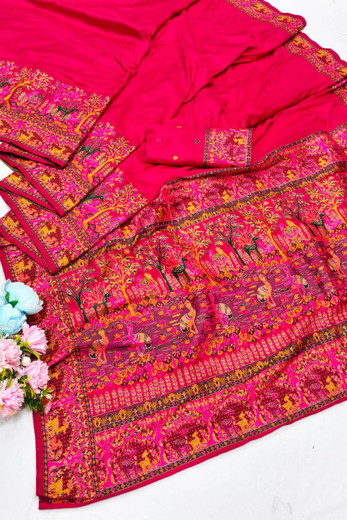 Load image into Gallery viewer, Resonant Dark Pink Nylon Dola Pashmina Saree With Profuse Blouse Piece
