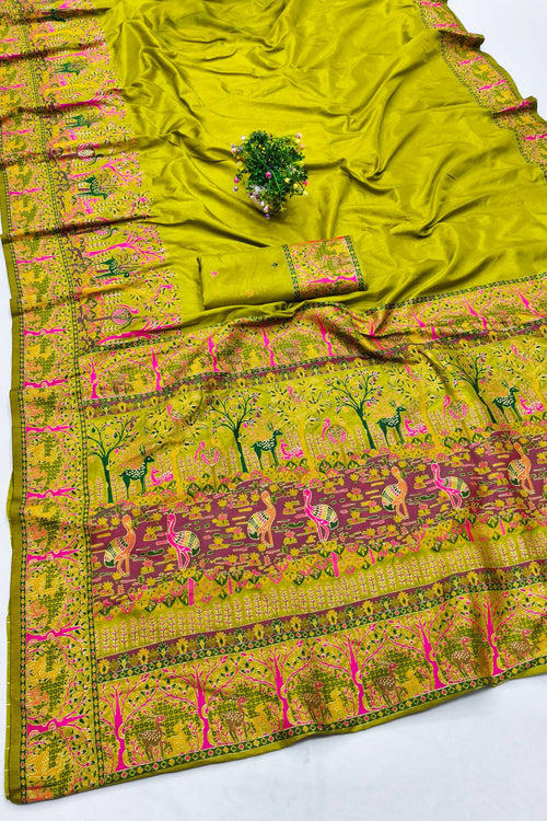 Load image into Gallery viewer, Enamoring Mehandi Nylon Dola Pashmina Saree With Surpassing Blouse Piece
